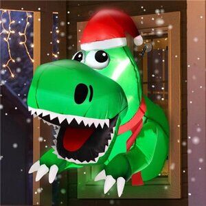 3.5 Ft Christmas Inflatable Decor Santa Dinosaur Broke Out from Window with LED